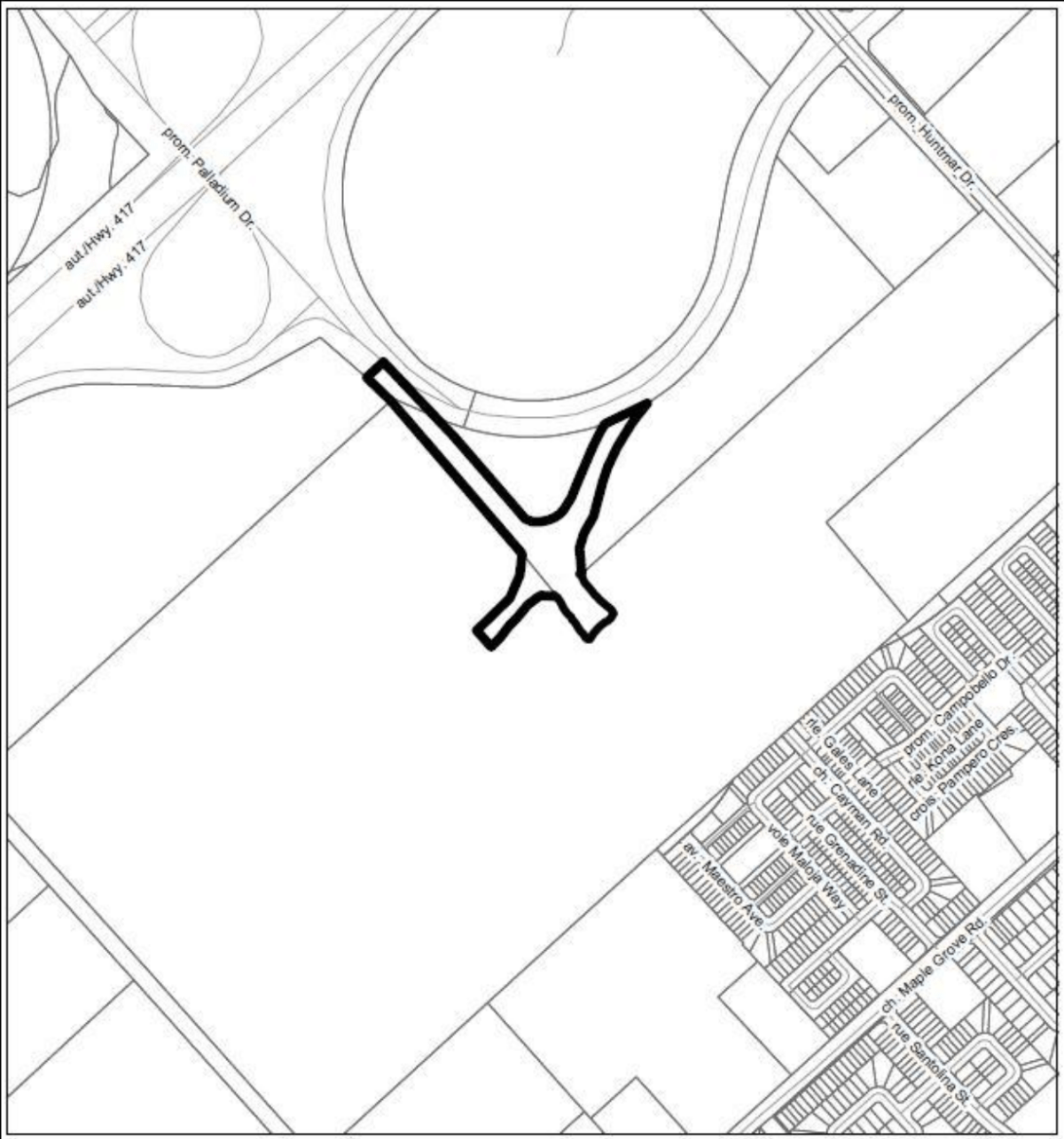 A sketch of a proposed new road and modifications to Palladium Drive in Kanata. The roundabout installed would provide access to a future subdivision on the site immediately southwest of Palladium Drive.