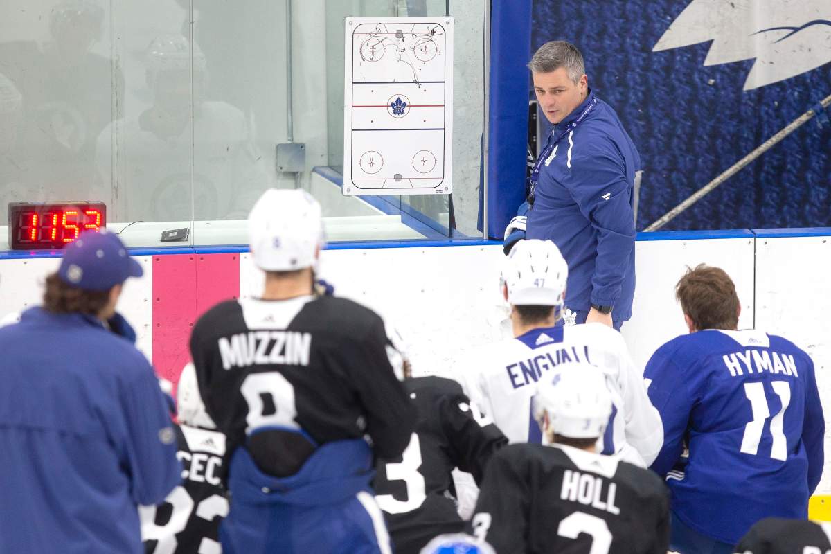 Newly appointed Toronto Maple Leafs head coach Sheldon Keefe runs a practice session in Toronto on Monday, November 25, 2019.