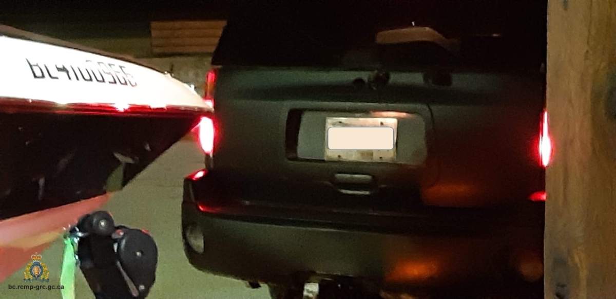 Sicamous RCMP says the vehicle used to tow the stolen boats from the underground parking facility had a stolen licence plate.