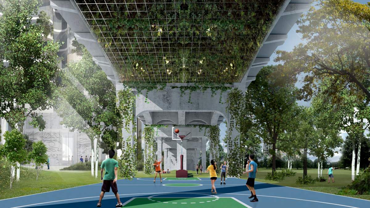 An artist’s rendering of the proposed Senakw development straddling the north and south sides of the Burrard Bridge.