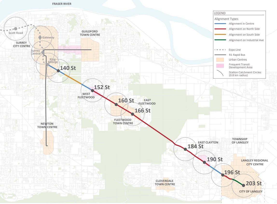 A look at the planned final route and station locations for the full Surrey-Langley SkyTrain station.