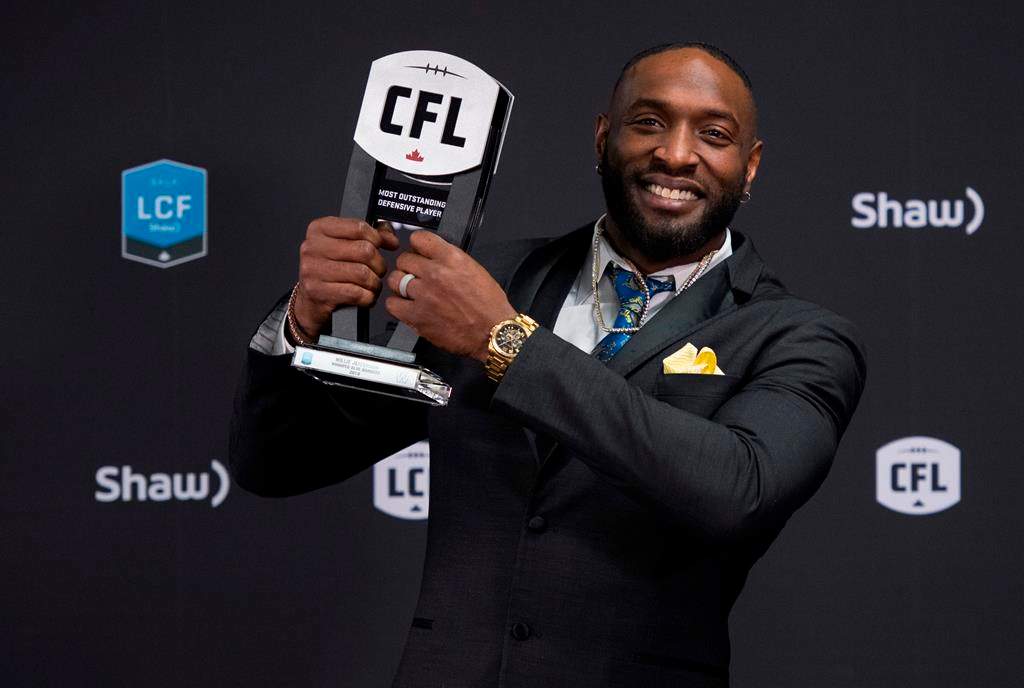 Winnipeg Blue Bombers defensive lineman Willie Jefferson with the trophy for the most outstanding defensive player at the CFL Awards during the CFL's Grey Cup week in Calgary, Thursday, Nov. 21, 2019. The terror of CFL quarterbacks everywhere and the latest winner of the league's defensive player of the year award, six-foot-seven defensive end Willie Jefferson is the linchpin in a Winnipeg Blue Bomber defence.