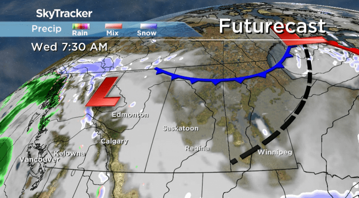 The next system building onto the prairies will bring in more clouds on Wednesday.