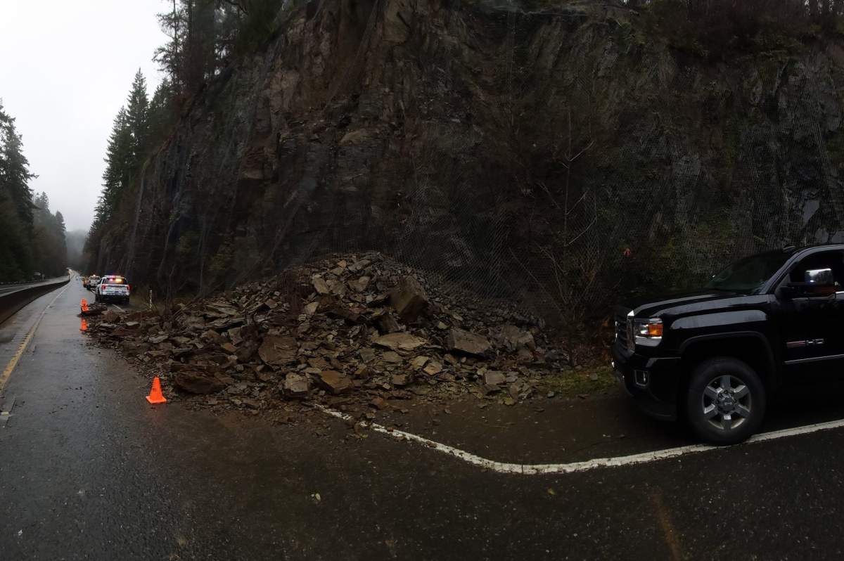 A view of a rockslide that has shut down Highway 1 near Goldstream Park on Vancouver Island on Nov. 17, 2019.