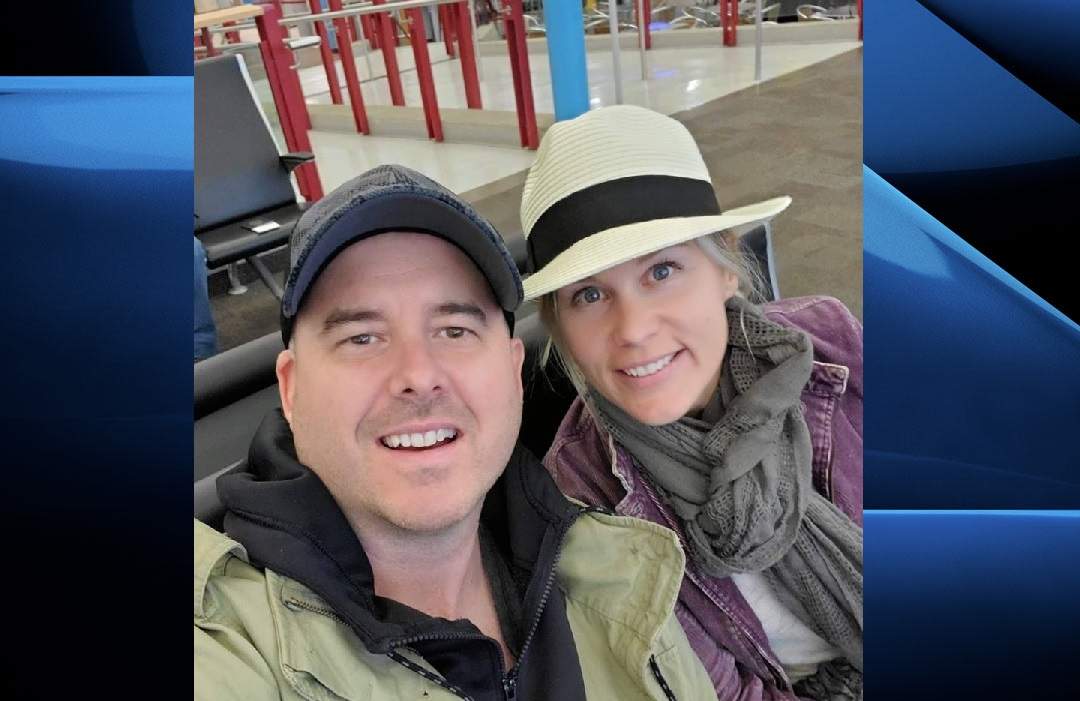 Christina and Phill Palmer at the London airport before their Las Vegas trip. Christina says the couple was stranded in Nevada after their Swoop airline flight home was cancelled.