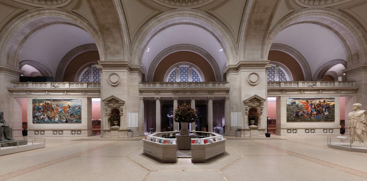 View of the Metropolitan Museum’s great hall, featuring Canadian Cree artist Kent Monkman’s exhibit mistikôsiwak (Wooden Boat People).