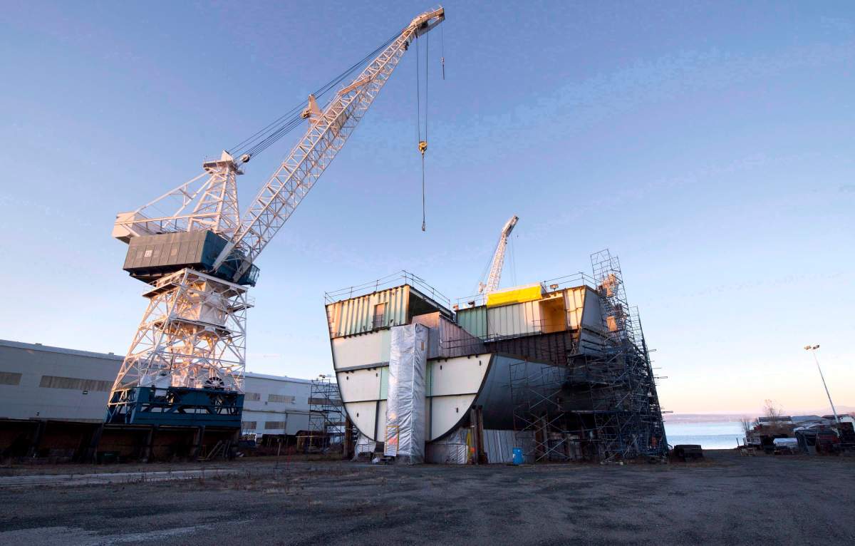 A Cecon ship which construction was halted sits on dry ground Monday, November 19, 2012 at the Davie shipyard in Levis, Que. THE CANADIAN PRESS/Jacques Boissinot.
