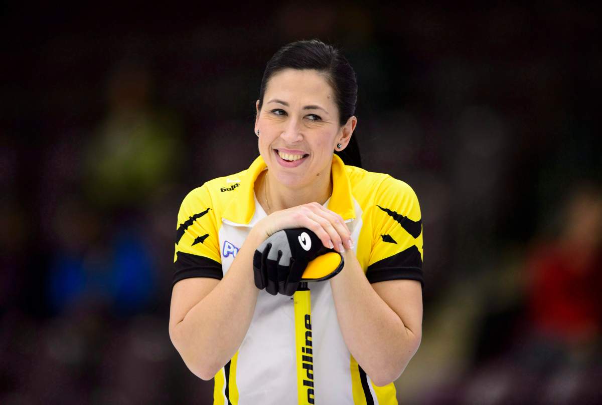 Manitoba second Jill Officer smiles while taking on B.C. at the Scotties Tournament of Hearts in Penticton, B.C., on Thursday, Feb. 1, 2018. 