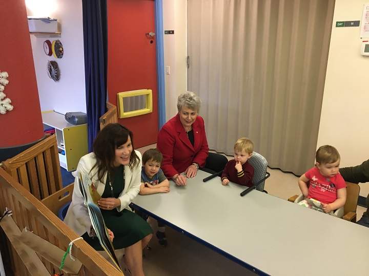 Lesly Lutes of the Children’s Learning Centre, left, and Katrine Conroy, B.C.’s Minister of Children and Family Development, were at UBC Okanagan in Kelowna on Friday to announce funding upgrades to a childcare centre.