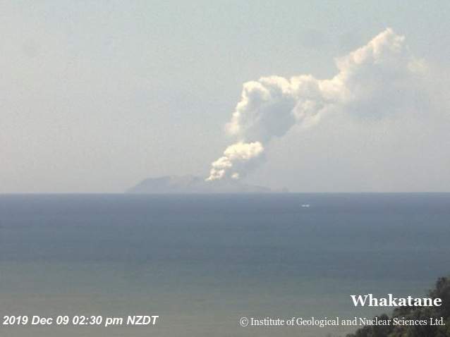 Smoke bellows from Whakaari, also known as White Island, volcano as it erupts in New Zealand, Dec. 9, 2019, in this image obtained via social media.