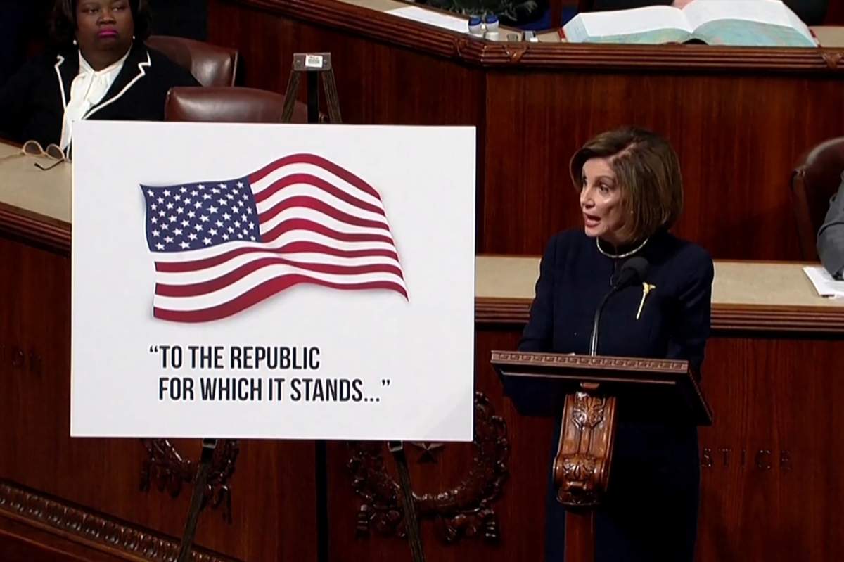 House Speaker Nancy Pelosi (D-CA) speaks ahead of a vote on two articles of impeachment against U.S. President Donald Trump on Capitol Hill in Washington, U.S., in a still image from video Dec. 18, 2019.