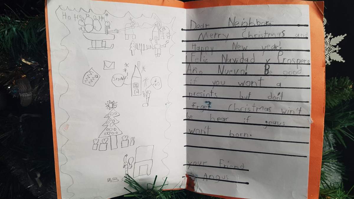 In 2003, a couple found this Christmas card in their mailbox from a student who attended the school across the street. Now the Rookes’ are hoping to find Angus, to thank him for the years of laughter he provided.