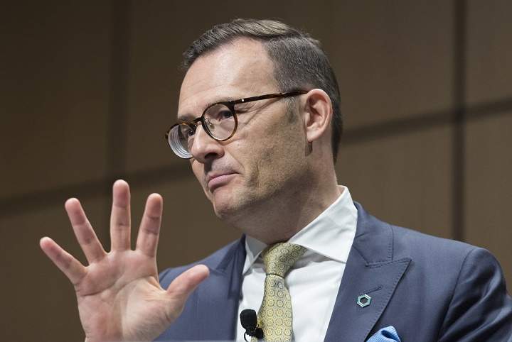 Desjardins Group President and CEO Guy Cormier speaks during a news conference in Montreal, Friday, November 1, 2019. 