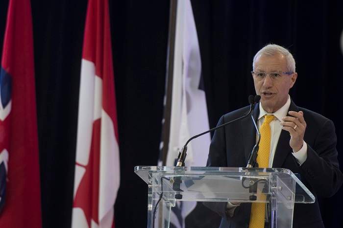 Vic Fedeli, Minister of Economic Development, Job Creation and Trade of Ontario, speaks during a press conference announcing that Bombardier Inc. has secured a long-term lease from the Greater Toronto Airport Authority to build its flagship business jet at Pearson airport, in Mississauga on Wednesday, December 4, 2019. 