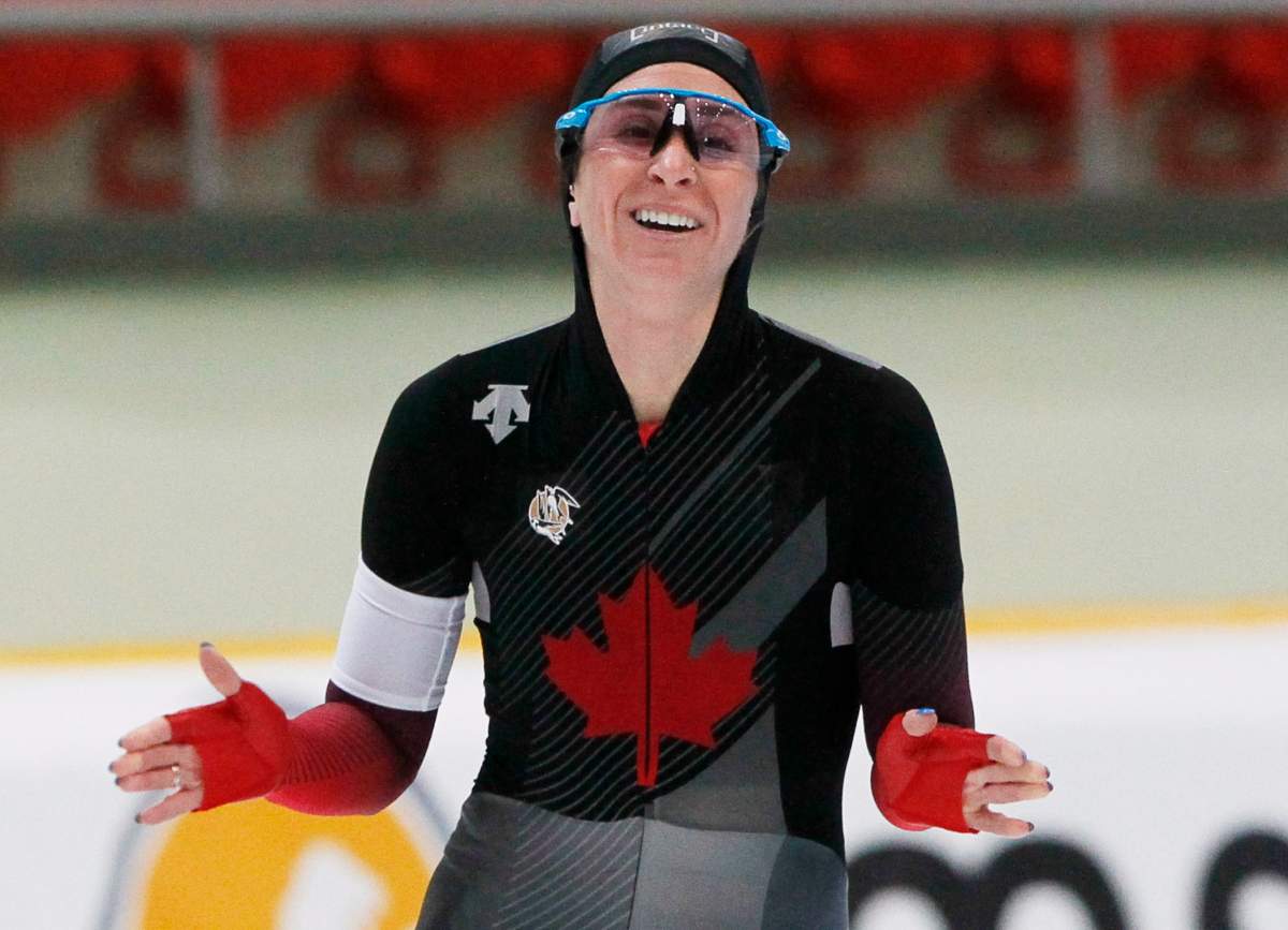 Ivanie Blondin of Canada reacts after the ladies 5000 meters race of the speed skating World Cup at the Alau Ice Palace in Nur-Sultan, Kazakhstan, Friday, Dec. 6, 2019.