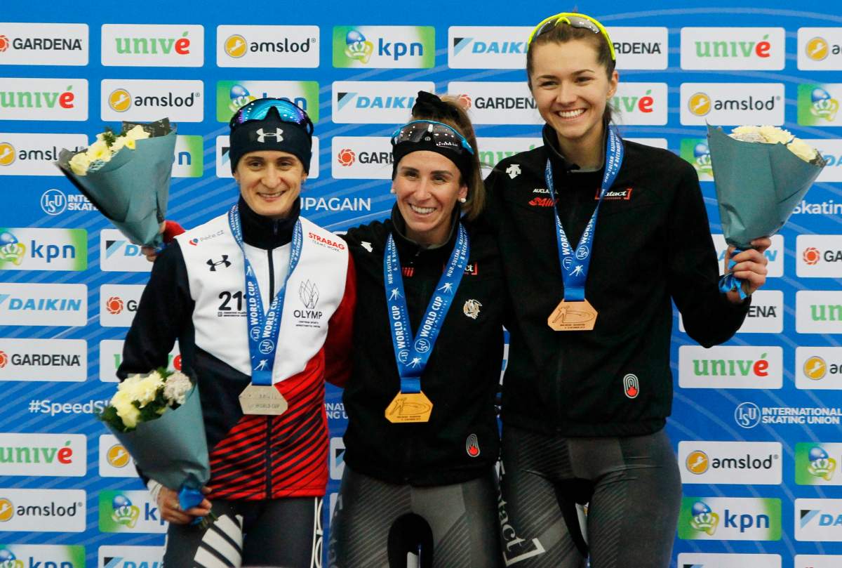 From Left: Martina Sablikova of Czech Republic, second place, Ivanie Blondin of Canada, first place, and Isabelle Weidemann of Canada third place stand on the podium after the ladies 5000 meters race of the speed skating World Cup at the Alau Ice Palace in Nur-Sultan, Kazakhstan, Friday, Dec. 6, 2019.