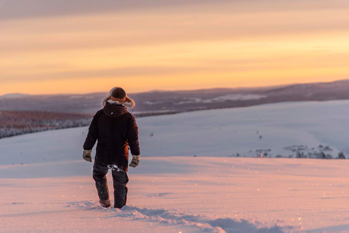 In this Nov. 27, 2019 photo, reindeer herder Niila Inga from the Laevas Sami community walks across the snow as the sun sets on Longastunturi mountain near Kiruna, Sweden.