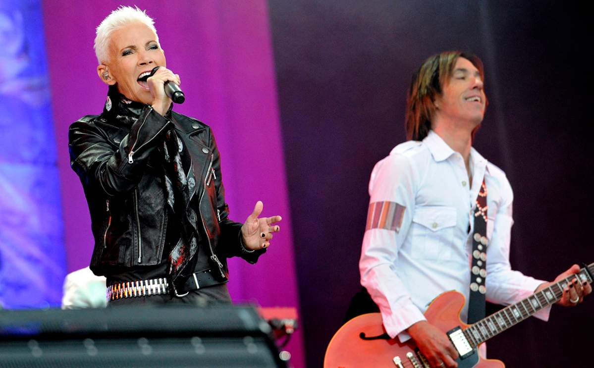 Swedish pop band Roxette with Marie Fredriksson (L) and Per Gessle (R) perform during music festival Peace and Love in Borlange, Sweden, 27 June 2012.