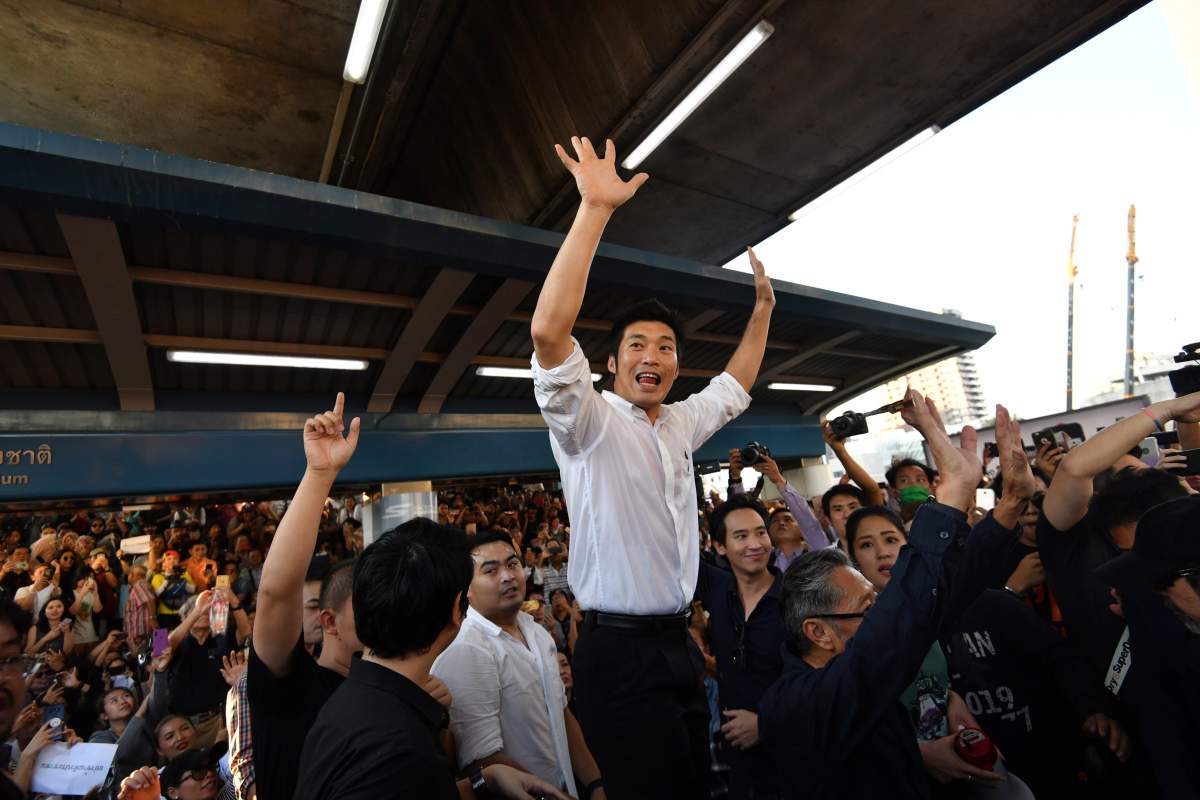 Thailand’s Future Forward Party leader Thanathorn Juangroongruangkit talks to his supporters during rally in Bangkok, Thailand, Dec. 14, 2019.