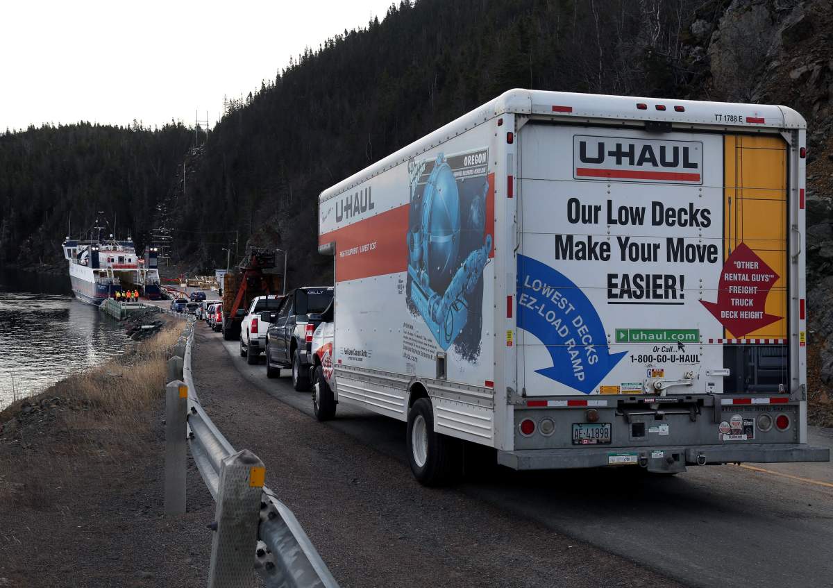 The lineup for the ferry to Little Bay Islands, N.L. from Pilley’s Island on Friday, November 15, 2019 includes trucks and U-Hauls as residents prepare to leave the community. Ferry service will end on December 31, 2019.