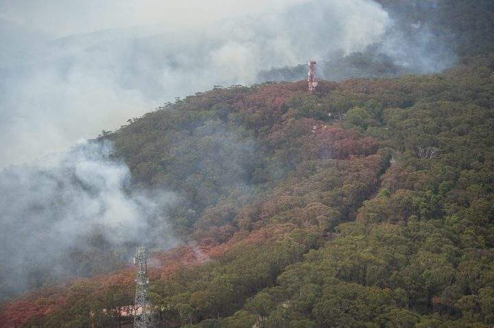 An aerial view of lines of fire retardant during a flight over Kurrajong Heights with Australian Prime Minister Scott Morrison (unseen) as he tours bushfire-affected regions of the Blue Mountains, west of Sydney, New South Wales (NSW), Australia, Dec. 21, 2019.