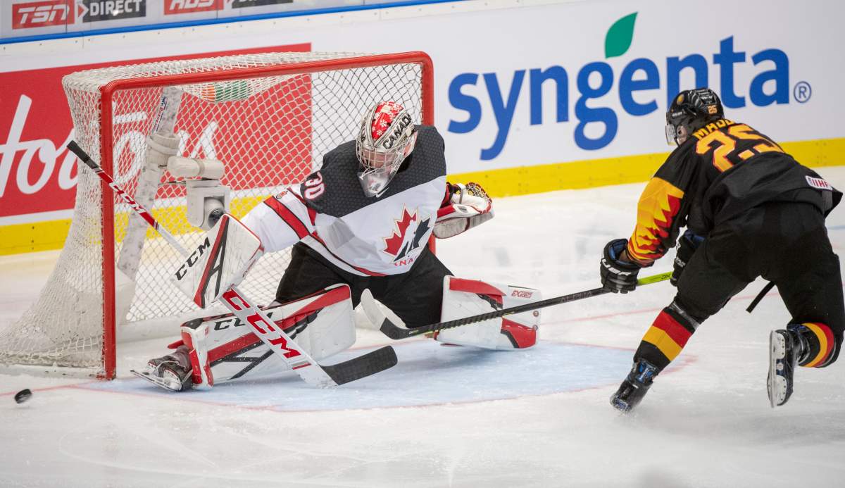 Canada's goaltender Joel Hofer stops Germany's Philipp Mass during first period action at the World Junior Hockey Championships on Monday, December 30, 2019 in Ostrava, Czech Republic.