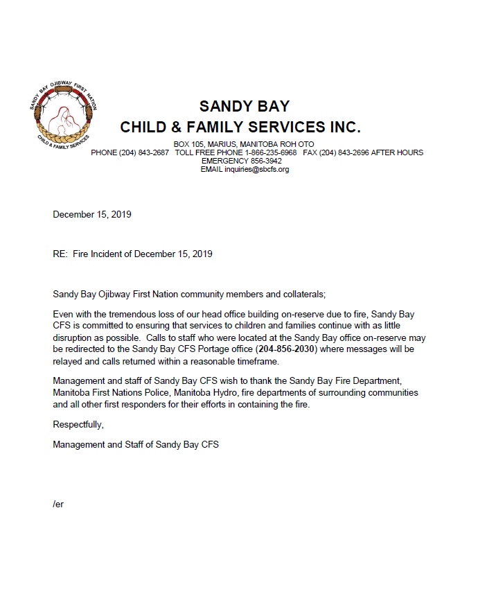 The letter from Sandy Bay Child and Family Services.