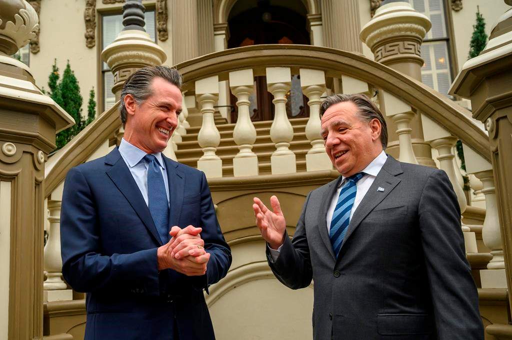 California Gov. Gavin Newsom meets with François Legault, Premier of Quebec, at the Stanford Mansion on Wednesday, Dec. 11, 2019, in Sacramento, Calif.