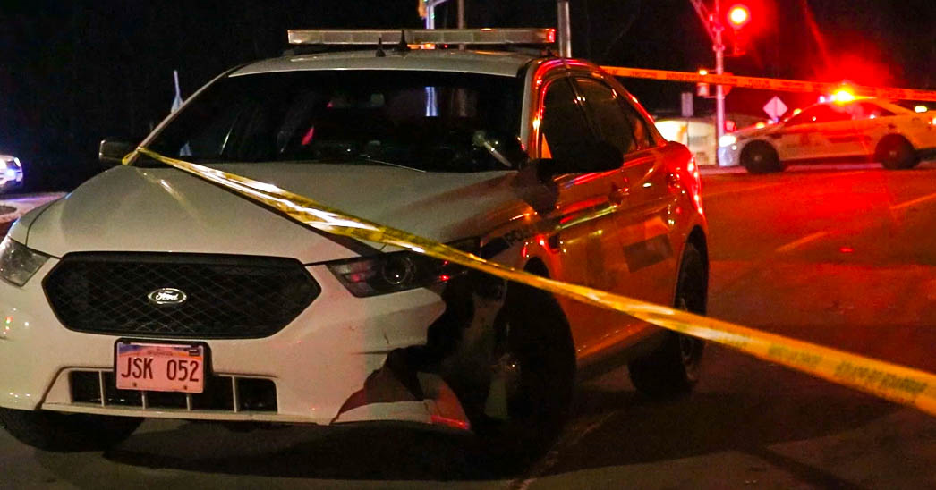 A damaged RCMP cruiser Saturday morning