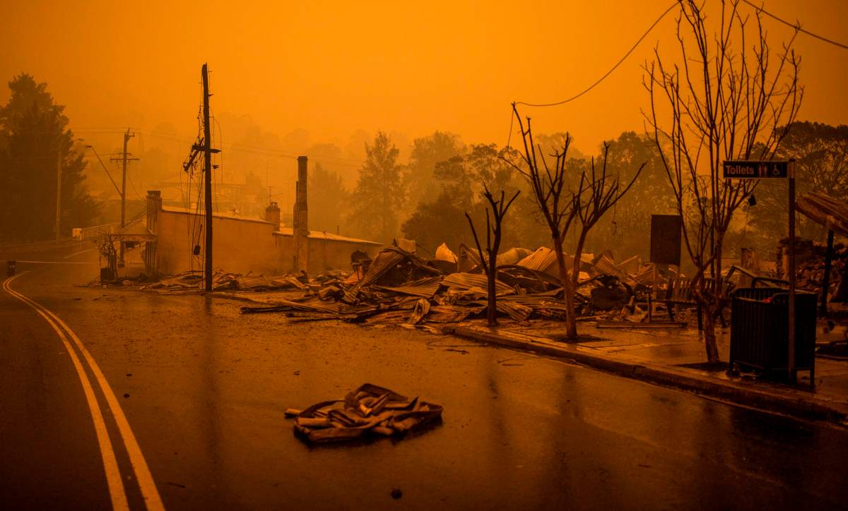 The remains of burnt out buildings are seen along main street in the New South Wales town of Cobargo on Dec. 31, 2019, after bushfires ravaged the town.