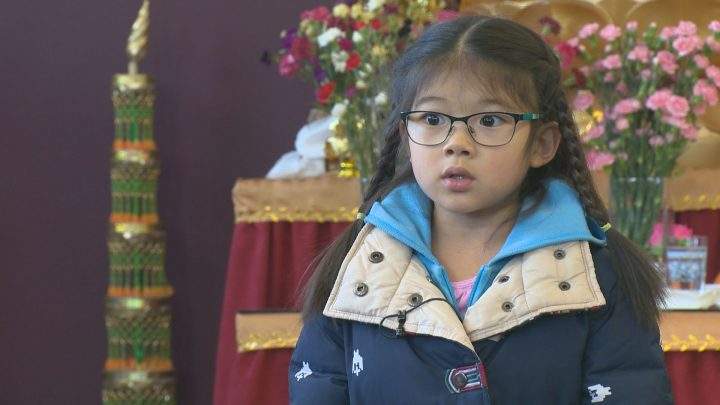 Six-year-old Sophia Liu speaks to Global News on her concerns about the Buddhist Centre of Regina.