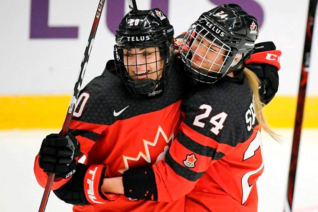 FILE - In this April 4, 2019, file photo, Canada's Sarah Nurse, left and Natalie Spooner celebrate Spooner's goal against Switzerland during a Hockey Women's World Championships preliminary match in Espoo, Finland.