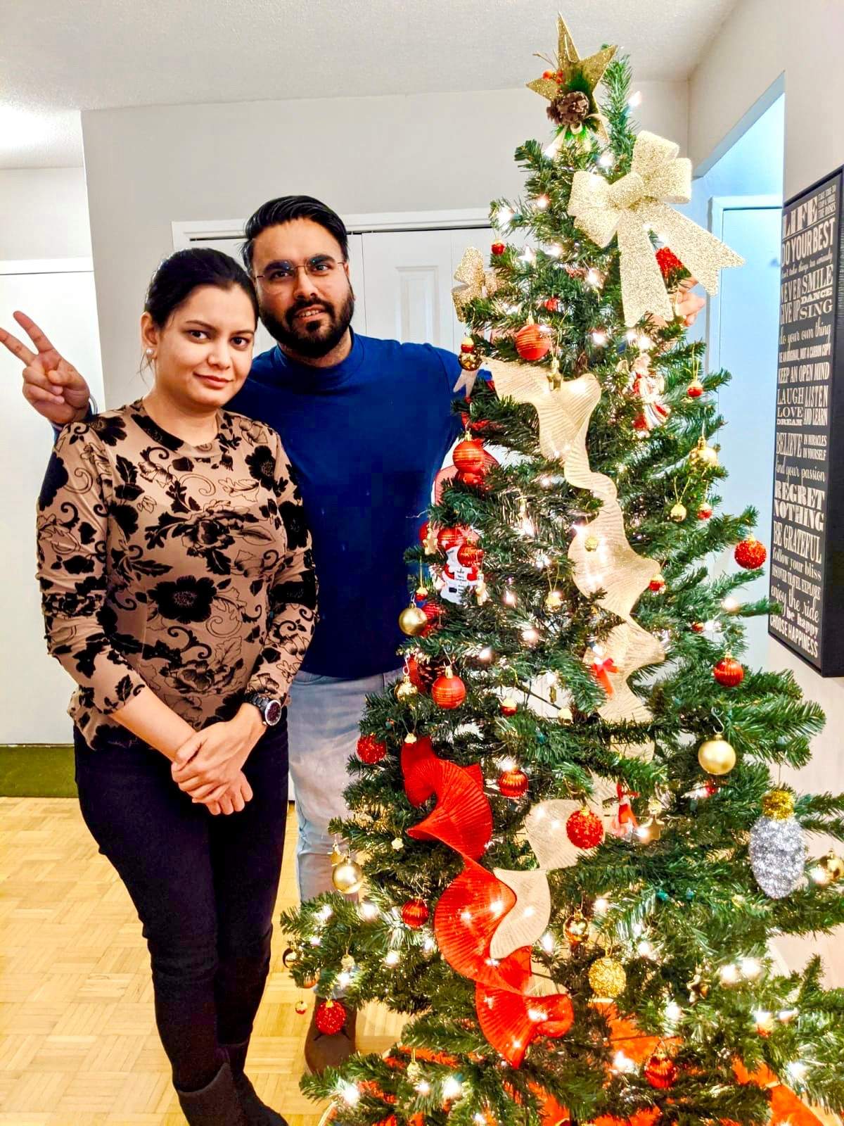 Harmeet Singh and Manpreet Kaur with their Christmas tree. Photo provided by Singh and Kaur.