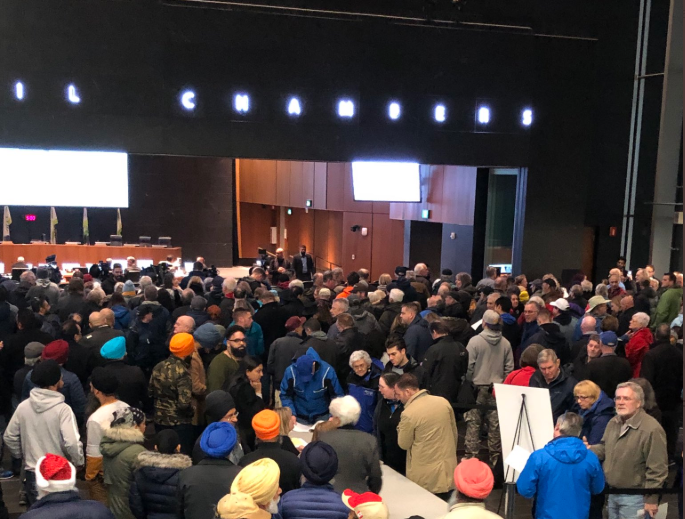 Hundreds of people packed into Surrey city hall Monday night for the 2020 budget vote.