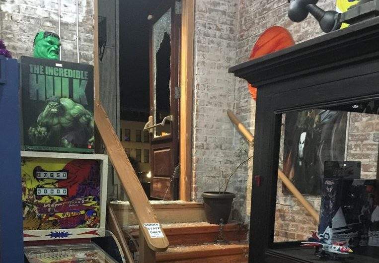 The damage seen from inside Cherry Bomb Toys in Victoria after thieves broke in through the back door and stole a donation box for the National Toy Museum early on Dec. 13, 2019.