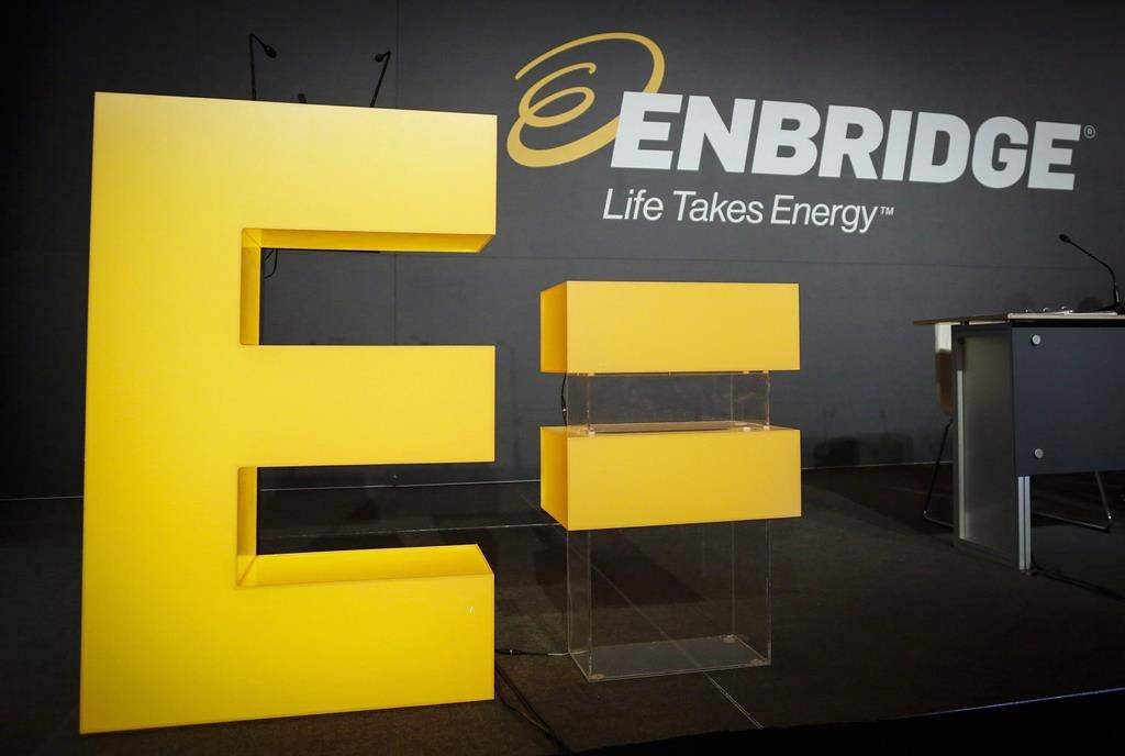 Enbridge logos are on display at the company's annual meeting in Calgary, Thursday, May 12, 2016.