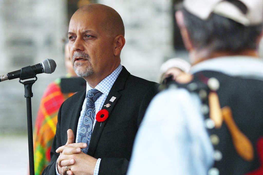 Green Party MLA Adam Olsen speaks at the Legislature in Victoria, B.C., on November 2, 2017. THE CANADIAN PRESS/Chad Hipolito