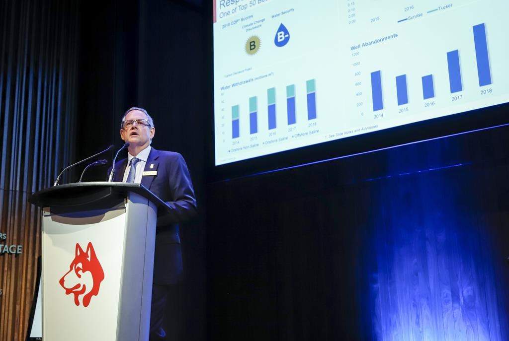 Husky Energy president and CEO Rob Peabody addresses the company's annual meeting in Calgary, Friday, April 26, 2019.