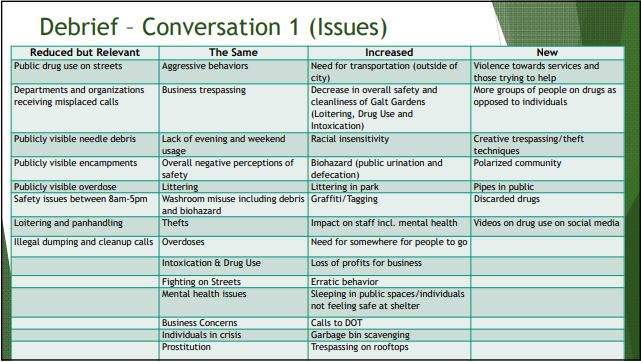 Issues observed in the downtown and surrounding area discussed in the presentation to the Community Issues Committee Monday evening.