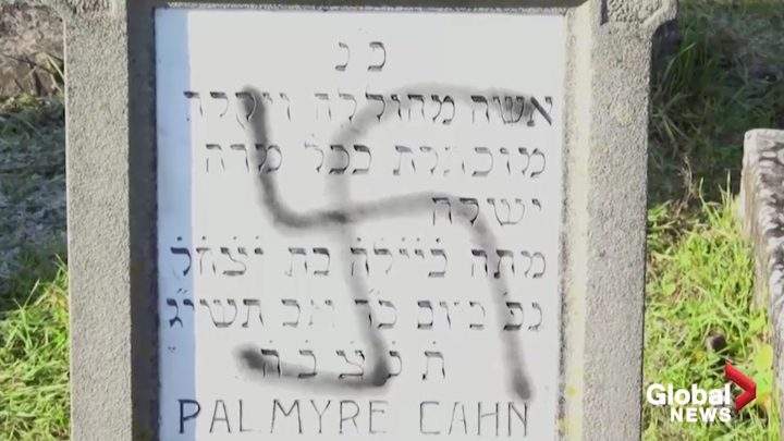 Jewish graves defaced with swastikas and hate symbols at a Jewish cemetery in Westhoffen, France on December 4, 2019.