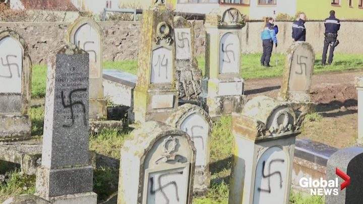 Jewish graves defaced with swastikas and hate symbols at a Jewish cemetery in Westhoffen, France on Dec. 4, 2019.