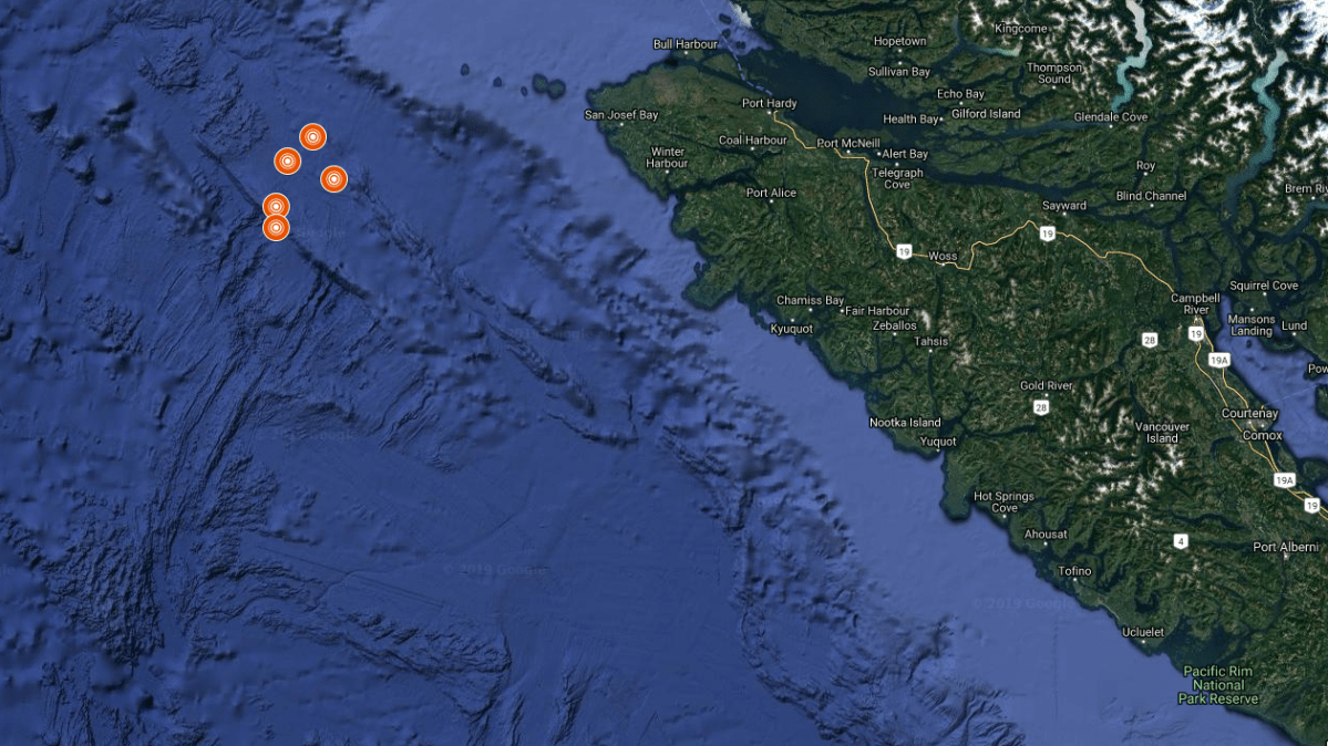 Earthquakes Canada said there were no reports of damage or tsunami threat from a five earthquakes off the B.C. coast Monday.
