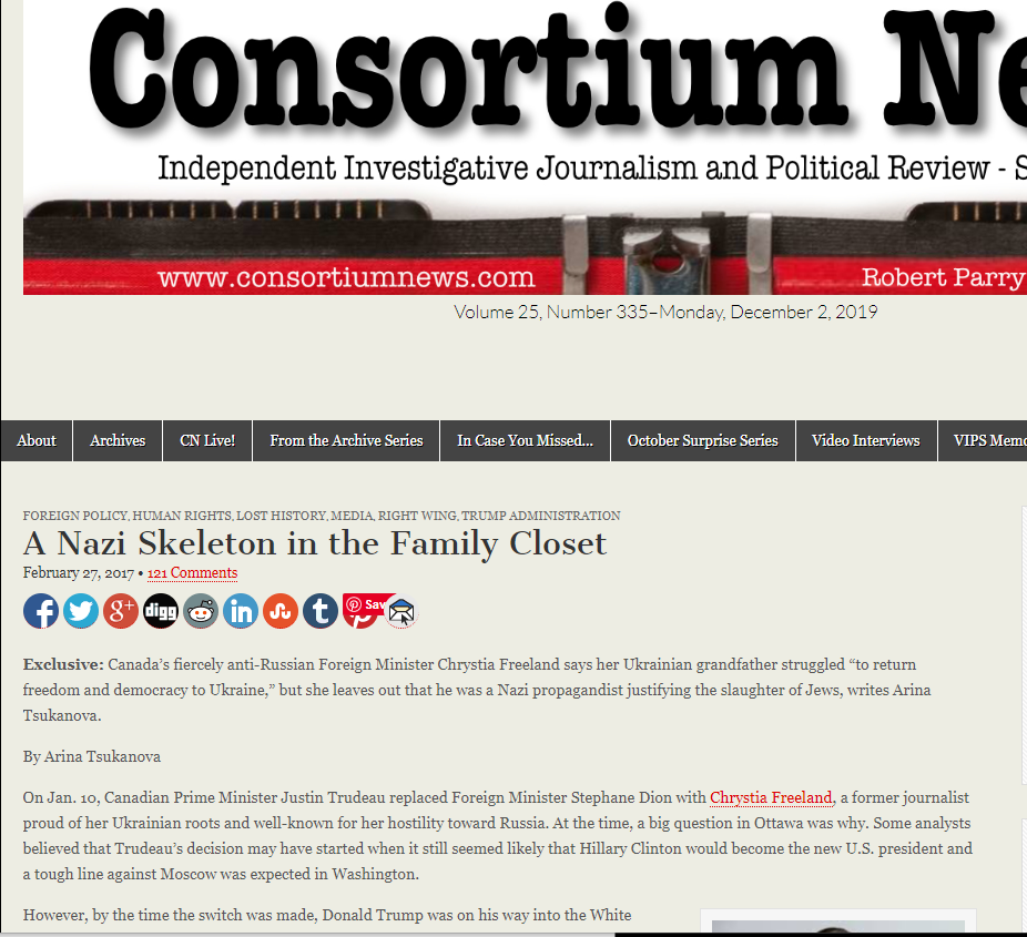 A CSE report says the Consortium News was part of an attack from Russia on Chrystia Freeland’s reputation.