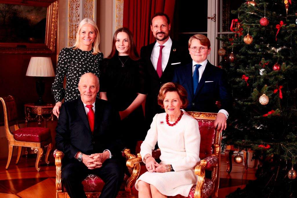 King Harald, Crown Princess Mette-Marit, Princess Ingrid Alexandra, Crown Prince Haakon, Queen Sonja and Prince Sverre Magnus posed for a picture next to the Christmas tree at the Royal Palace in Oslo on Dec. 16, 2019.