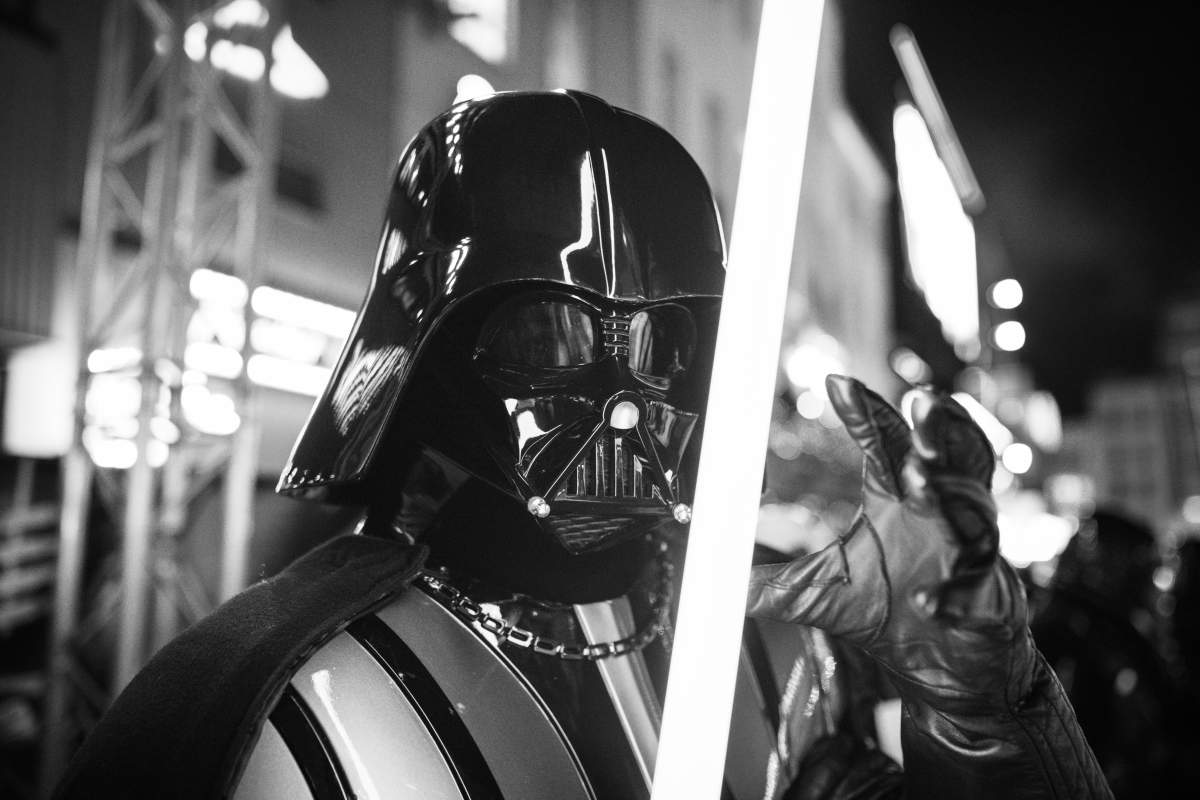 LONDON, ENGLAND - DECEMBER 18:  (EDITORS NOTE: Image has been converted to black and white)  Darth Vader at the European premiere of "Star Wars: The Rise of Skywalker" at Cineworld Leicester Square on December 18, 2019 in London, England. (Photo by Gareth Cattermole/Getty Images for Disney).