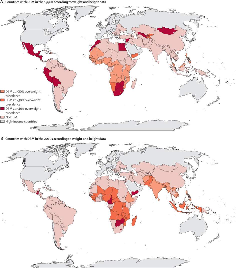 The global double burden of malnutrition in low-income and middle-income countries based on weight and height data from the 1990s (A) and 2010s (B).
