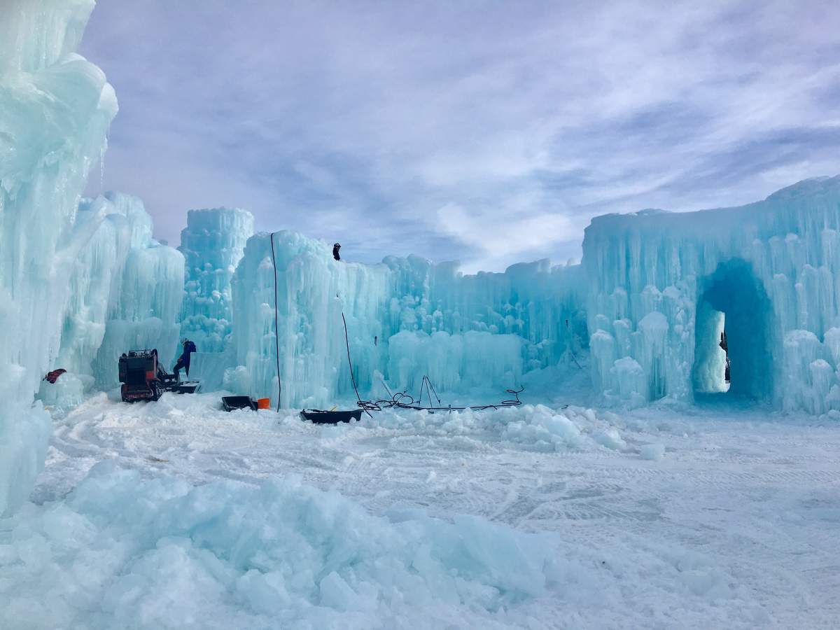 Crews working to construct the Ice Castles on Dec. 31, 2019.