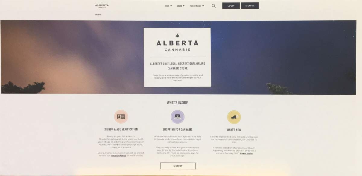 The www.albertacannabis.org website. This site is the only legal site where Albertans can purchase recreational cannabis online.
