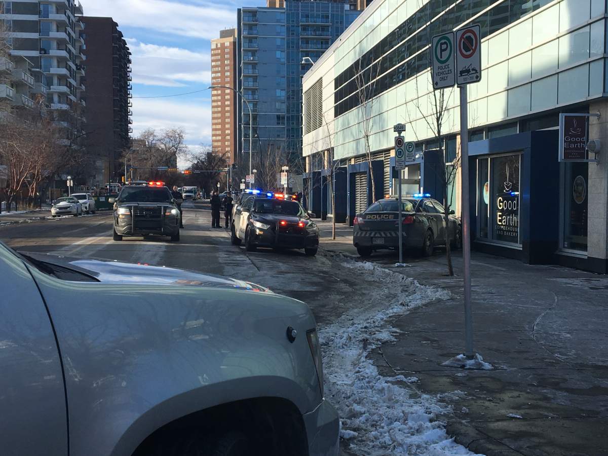 A large police presence outside the Sheldon Chumir Health Centre in Calgary on Monday, Dec. 2. 