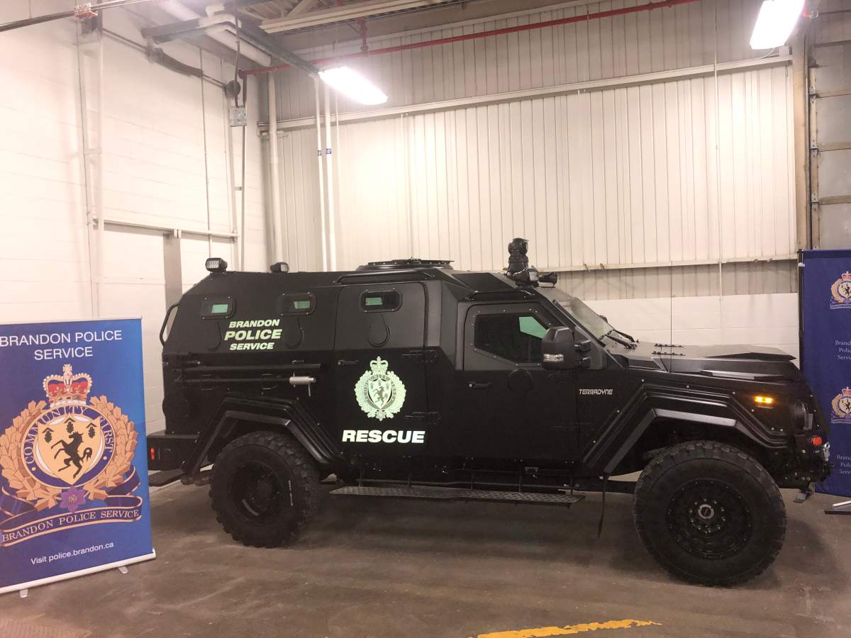 Brandon police's new armoured response vehicle was unveiled Thursday.